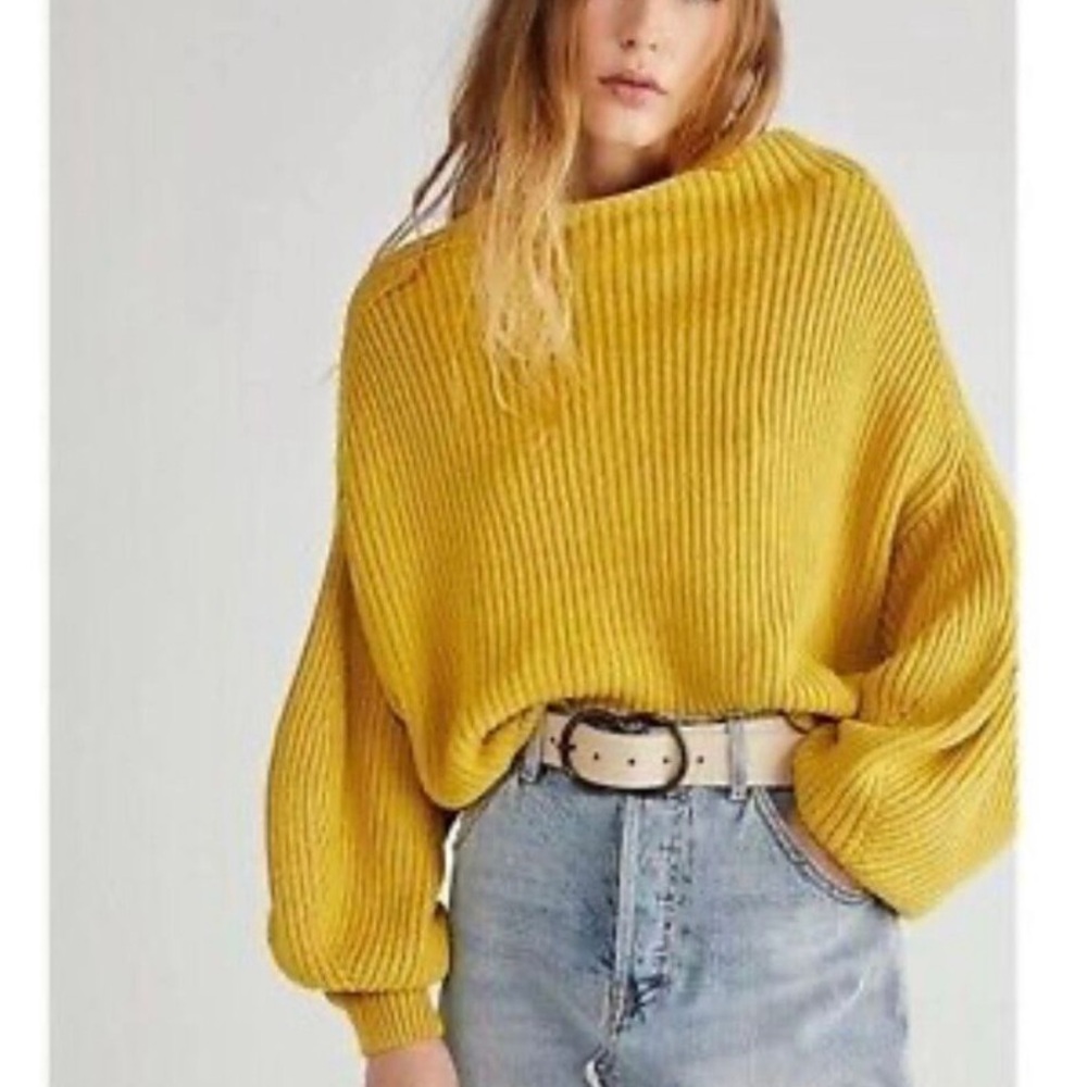 Free People Mustard Yellow Ribbed Crewneck Sweater